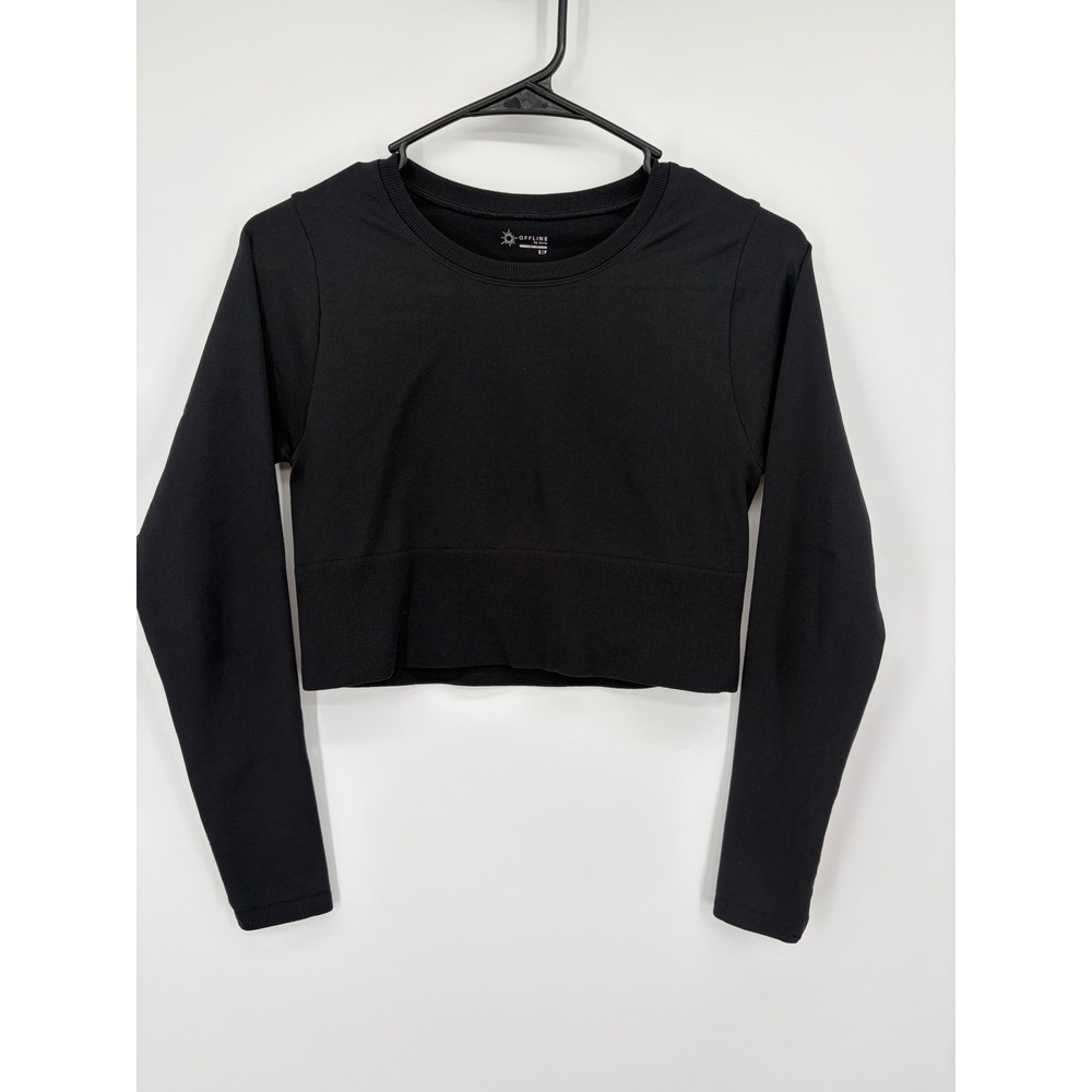 OFFLINE by Aerie Seamless Crop Top Womens Small Black Long Sleeve Crew Neck